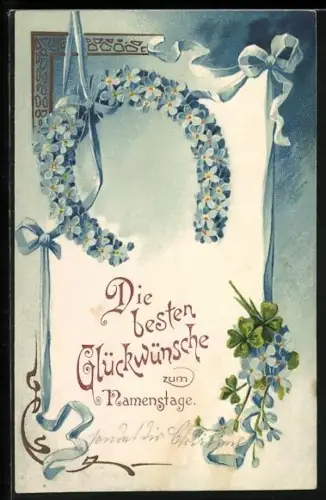 Präge-AK Glückwunsch zum Namenstag mit Hufeisen aus Blüten