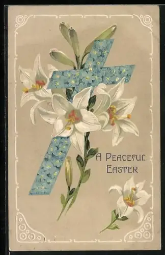 Präge-AK Ostergrüsse mit einem Kreuz aus Blüten
