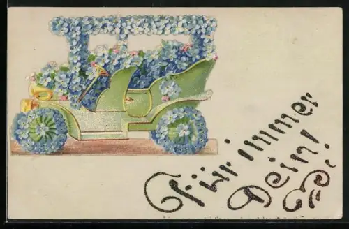 Präge-AK Blumenbild mit einem Auto teilweise aus Vergissmeinnicht Blüten