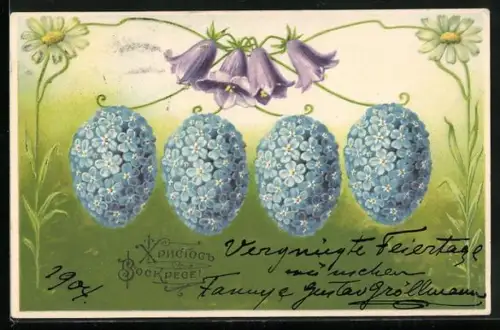Präge-AK Blumenbild mit Eiern aus Vergissmeinnicht Blüten