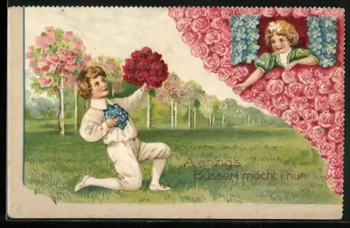Präge-AK Verehrer mit Blumenstrauss und Mädchen am Fenster aus Vergissmeinnicht und Rosen