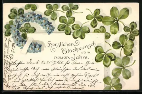 AK Neujahrsglückwünsche mit Kleeblättern und Hufeisen aus Vergissmeinnicht