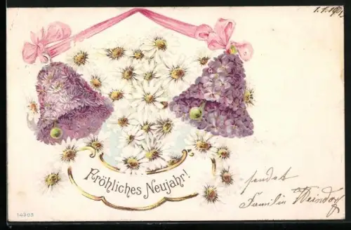 Künstler-AK Neujahrsglöckchen mit Margeriten und Veilchen