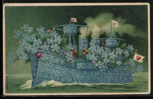 Präge-AK Blumenbild eines Schiffes aus Vergissmeinnicht