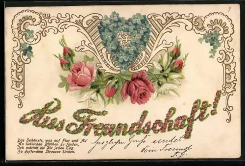 Präge-AK Blumenbild mit Herzkranz aus Vergissmeinnicht