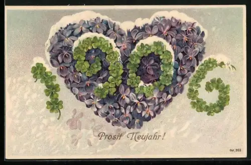 Präge-AK Neujahrsgrüsse zum Jahr 1906 mit einem Herz aus Veilchen