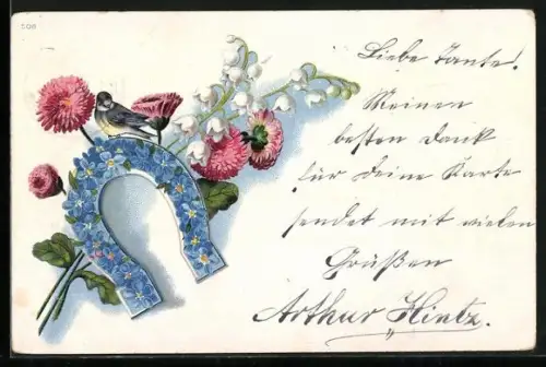 AK Blumenbild mit einem Hufeisen aus Vergissmeinnicht