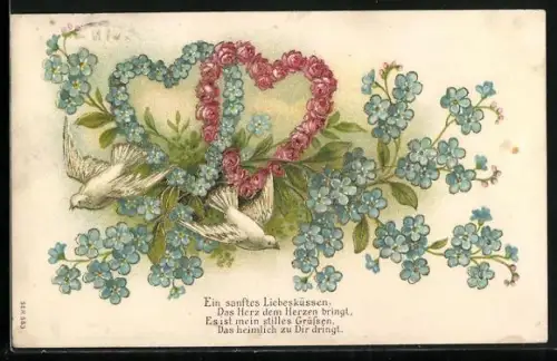 Präge-AK Blumenbild mit Tauben und Herzen aus Blüten