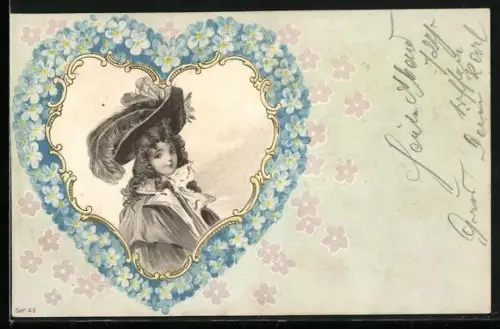 Präge-AK Blumenbild mit in Vergissmeinnnicht eingerahmtem Jungen in Hut mit Feder