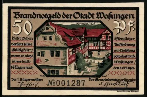 Notgeld Wasungen 1921, 50 Pf, Mühlenhof-Motiv, Brandruinen, Seriennummer 001287