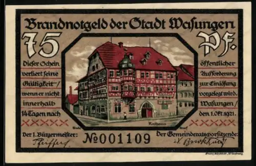Notgeld Wasungen 1921, 75 Pfennig, Rathausabbildung und zerstörte Gebäude, Seriennummer 001109