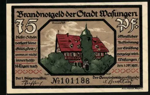 Notgeld Wasungen 1921, 75 Pf, Damenstift und brennende Stadtansicht, Seriennr. 101188
