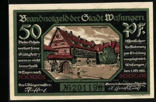 Notgeld Wasungen 1921, 50 Pfennig, Gerichtshof und Feuerzerstörung, Nr. 201196