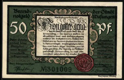 Notgeld Wasungen 1921, 50 Pfennig, verbrannte Stadtansicht, rotes Siegel, Seriennummer 301009