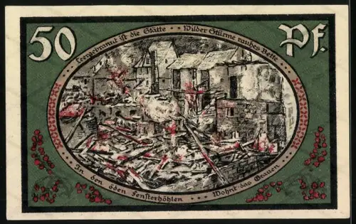 Notgeld Wasungen 1921, 50 Pfennig, verbrannte Stadtansicht, rotes Siegel, Seriennummer 301009