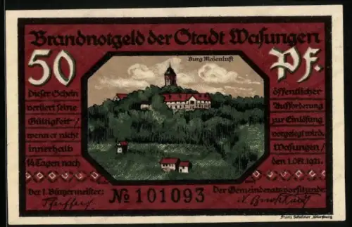 Notgeld Wasungen 1921, 50 Pfennig, Burgpanorama und zerstörte Stadtansicht, Nr. 101093