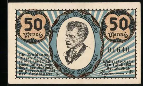 Notgeld Waltershausen 1921, 50 Pfennig, Porträt August Trinius und Schloss Tenneberg, Seriennummer 01640
