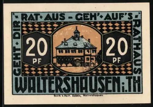 Notgeld Waltershausen 1921, 20 Pf, Rathaus und Wappen mit Bäumen und Fisch, Seriennummer 33243