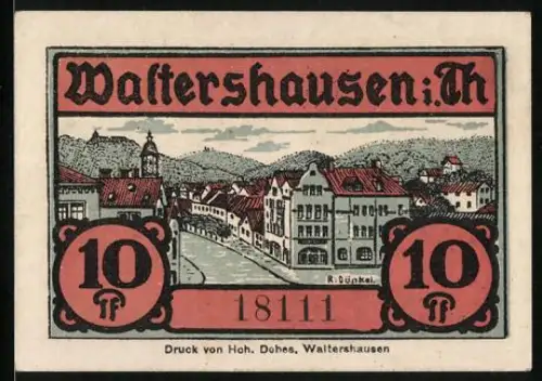 Notgeld Waltershausen 1921, 10 Pf, Stadtansicht und Spielzeugmotive, Seriennummer 18111