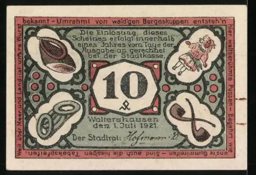 Notgeld Waltershausen 1921, 10 Pf, Stadtansicht und Spielzeugmotive, Seriennummer 18111