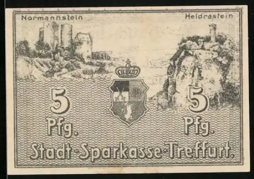 Notgeld Treffurt 1920, 5 Pfennig, Normannstein und Heldrastein, Wappen und Text