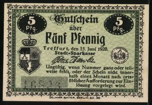Notgeld Treffurt 1920, 5 Pfennig, Normannstein und Heldrastein, Wappen und Text