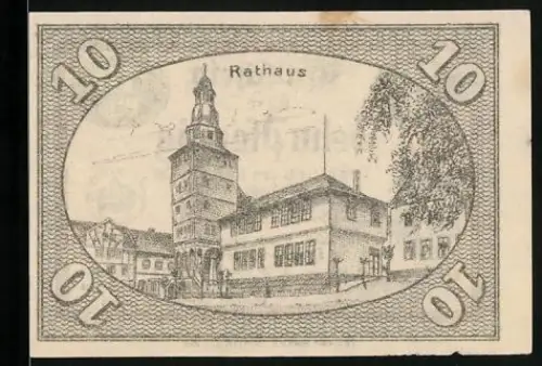 Notgeld Treffurt 1920, 10 Pfennig, Rathaus, Seriennummer und Wappen