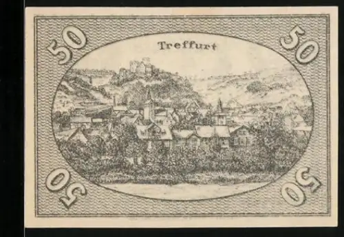 Notgeld Treffurt 1920, 50 Pfennig, Stadtansicht mit Burg, Seriennummer und Wappen