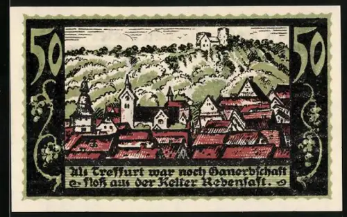 Notgeld Treffurt 1921, 50 Pfennig, Stadtansicht mit Burg und Häusern, Gültigkeit bis 1922