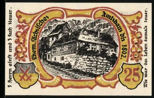 Notgeld Treffurt 1921, 25 Pfennig, Fachwerkhausmotiv und Stadtwappen, gültig bis 1922