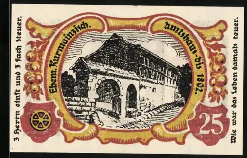 Notgeld Treffurt 1921, 25 Pfennig, historisches Gebäude und Stadtwappen