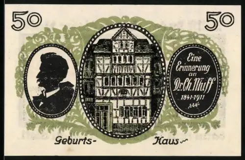 Notgeld Treffurt 1921, 50 Pfennig, Geburtshaus mit Silhouette und Inschrift Eine Erinnerung an Dr. Ch. Muff