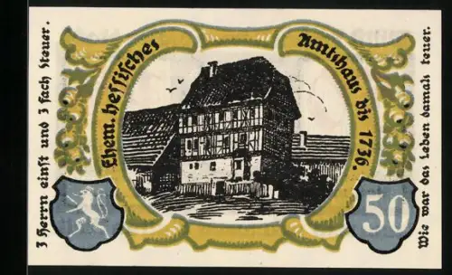 Notgeld Treffurt 1921, 50 Pfennig, Fachwerkhaus und Stadtwappen, Gültig bis 1922