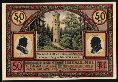 Notgeld Ilmenau 1921, 50 Pfennig, Goethe-Silhouette und Iphigenie-Motiv, Waldlandschaft, Goethe-Zitate