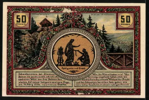 Notgeld Ilmenau 1921, 50 Pfennig, Goethe-Silhouette und Iphigenie-Motiv, Waldlandschaft, Goethe-Zitate