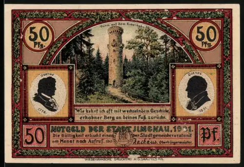 Notgeld Ilmenau 1921, 50 Pfennig, Goetheturm und Gedicht Wanderers Nachtlied