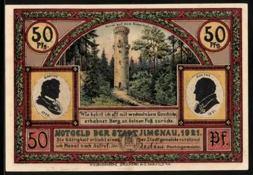 Notgeld Ilmenau 1921, 50 Pfennig, Kienberg-Turm und Goethe-Porträts