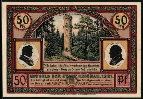 Notgeld Ilmenau 1921, 50 Pfennig, Goetheturm und Marktplatz mit Mignon-Motiv