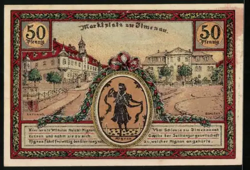 Notgeld Ilmenau 1921, 50 Pfennig, Goetheturm und Marktplatz mit Mignon-Motiv