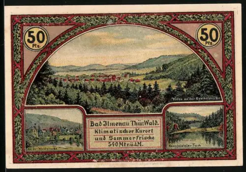 Notgeld Ilmenau 1921, 50 Pfennig, Landschaft und Wintersportplatz mit Kurhaus und Skifahrern