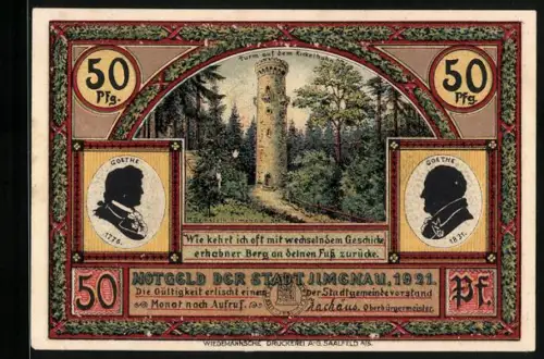 Notgeld Ilmenau 1921, 50 Pfennig, Turm am Kickelhahn und Altes Jagdschloss Gabelbach, Goethe-Silhouetten