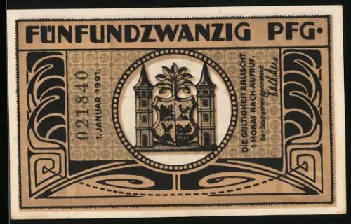 Notgeld Ilmenau 1921, 25 Pfennig, Seriennummer, Wappen, Stadtszene mit Glasbläser, Arbeiter und Techniker