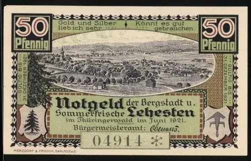 Notgeld Lehesten 1921, 50 Pfennig, Stadtansicht und Grenzstein, Seriennummer 04914, Wappen inkludiert