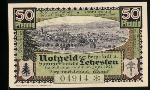 Notgeld Lehesten 1921, 50 Pfennig, Stadtansicht und Grenzstein, Seriennummer 04914, Wappen vorhanden