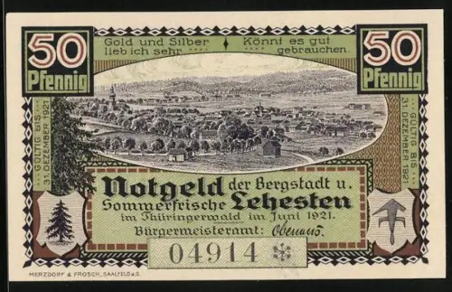 Notgeld Lehesten 1921, 50 Pfennig, Stadtansicht und Grenzstein mit Wappen, Seriennummer 04914