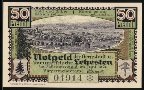 Notgeld Lehesten 1921, 50 Pfennig, Stadtansicht und Denkmal im Wald, Seriennummer 04914, Wappen vorhanden
