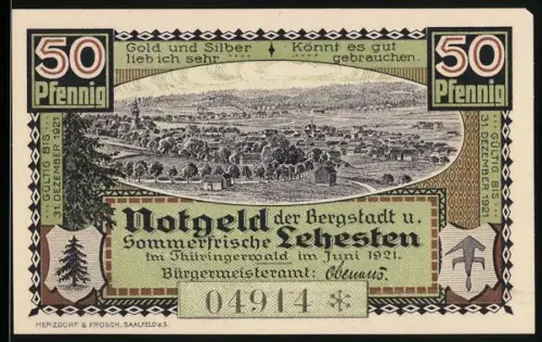 Notgeld Lehesten 1921, 50 Pfennig, Stadtansicht und Grenzstein mit Wappen, Seriennummer 04914