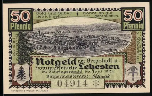 Notgeld Lehesten 1921, 50 Pfennig, Stadtansicht und kunstvoller Stein, Seriennummer 04914