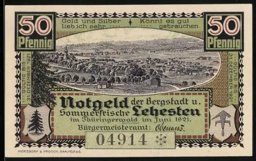 Notgeld Lehesten 1921, 50 Pfennig, Stadtansicht und Turm im Wald, Seriennummer 04914, Wappen enthalten