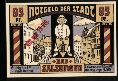 Notgeld Bad Salzungen 1921, 95 Pf überstempelt zu 75 Pf, Kinderfigur und Stadtansicht, Sulzberger Krankenhaus, Porträts